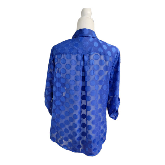 Chicos Size 1 Med 8 Polka Dot Button Down Blouse Roll Tab Sleeves Blue - Picture 3 of 7